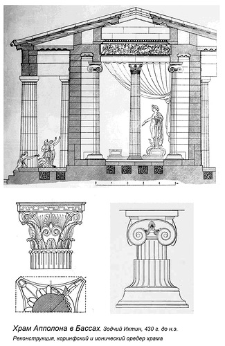 Разрез и коринфская капитель, ионический ордер полуколонн, Храм Аполлона Эпикурейского в Бассах