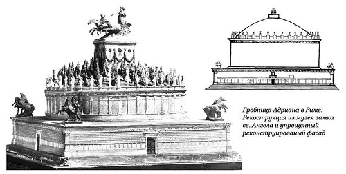 гробница Адриана в Риме. Рекострукция из музея замка св. Ангела и упрощенный реконструированый фасад, Мавзолей Адриана и мост Святого Ангела в Риме