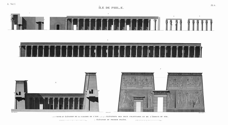 фасад и разрез основного храма, Храмовый комплекс Изиды на острове Филе в Египте