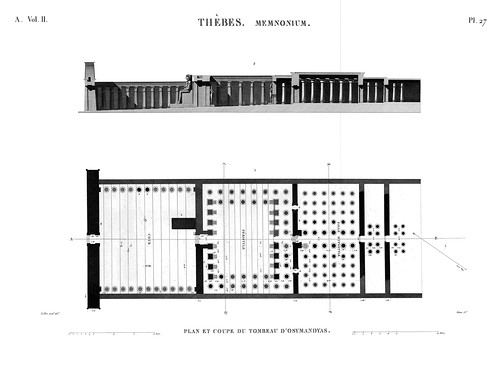 продольный разрез и план передней части храма, Рамессеум, храм фараона Рамсеса II