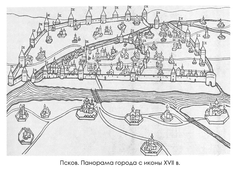 панорама города с иконы XVII в., Генпланы Пскова и псковский кремль