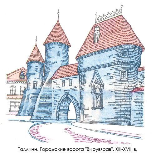 вид на ратушу, рисунок, Городские ворота «Вирувярав» в Таллинне