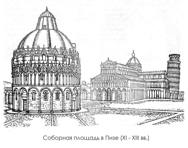 Общий вид площади, Поле Чудес, пизанская башня и собор (Пьяцца деи Мираколи)