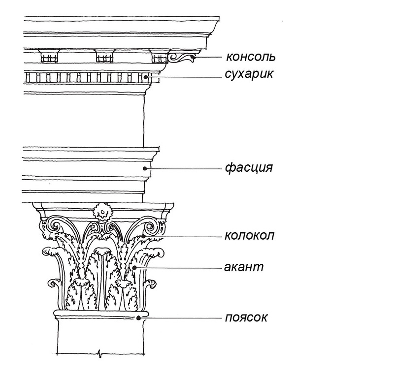 Схема капители и архитрава коринфского ордера, названия деталей
