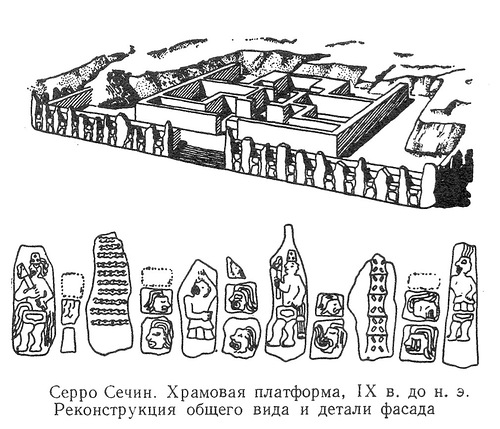 реконструкция общего вида и детали фасада, Храм в Серро Сечин