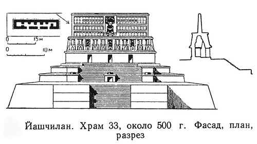 фасад, план, разрез, Храм в Йашчилане