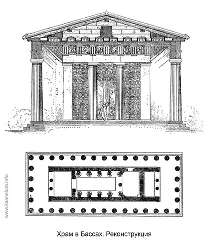 Фасад (реконструкция) и план, Храм Аполлона Эпикурейского в Бассах