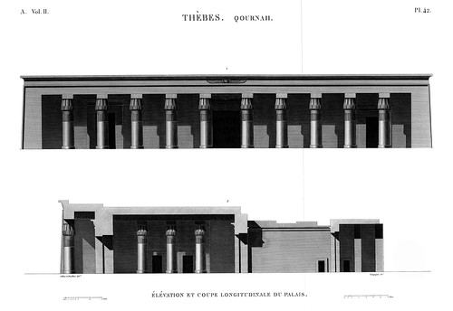 Фасад и продольный разрез, Храм Сети I в Курне