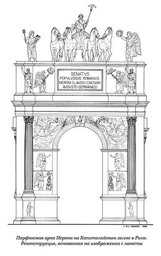 реконструкция, основанная на изображении с монеты, фасад, Триумфальная арка Нерона в Риме