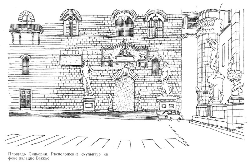 площадь Синьории во Флоренции, расположение скульптур на фоне палаццо Веккьо, Площадь Синьории во Флоренции
