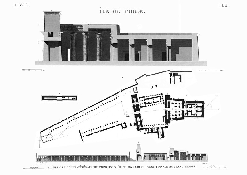 генплан и разрез основного храмового комплекса, Храмовый комплекс Изиды на острове Филе в Египте