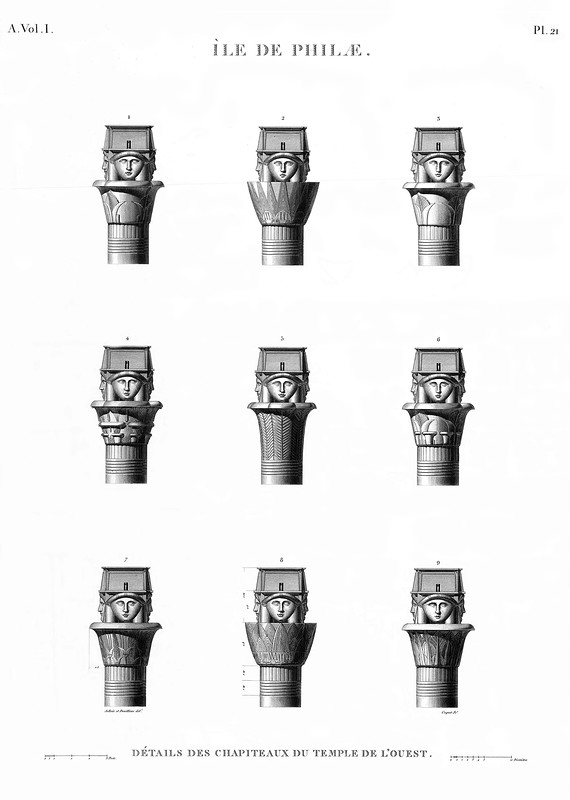 капители в виде головы богини Хатор павильона Нектанебо 1-го, Храмовый комплекс Изиды на острове Филе в Египте