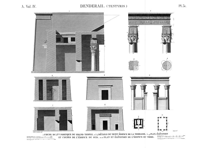 детали портика главного храма, чертежи павильонов, Святилище Хатхор в Дендре