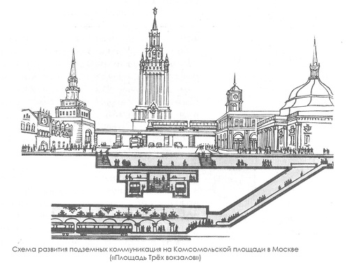 Схема развития подземных коммуникация на Комсомольской площади в Москве, разрез, Площадь Трех вокзалов
