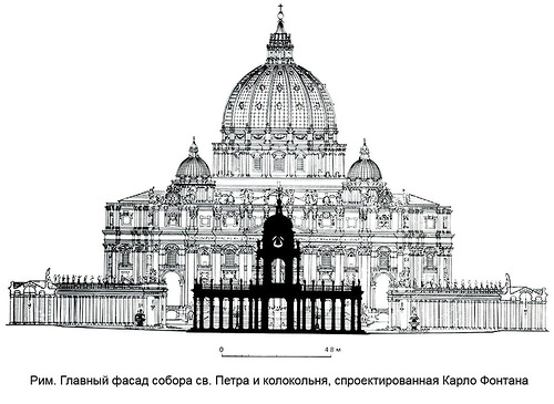 Главный фасад собора св. Петра в Риме и колокольня, спроектированная Карло Фонтана, Площадь святого Петра в Риме