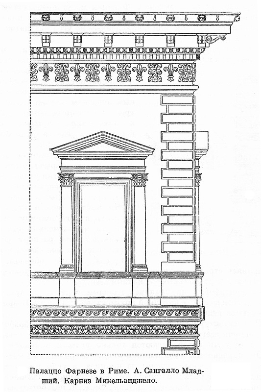 Карниз, чертеж окна, Паллацо Фарнезе в Риме