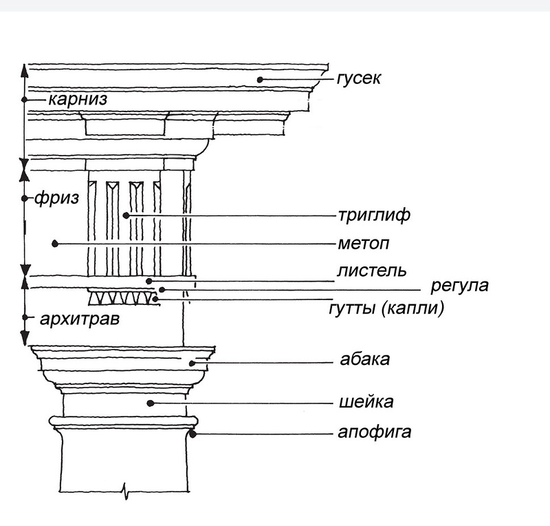 Схема капители и архитрава дорического ордера, названия деталей