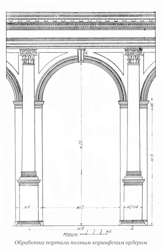 Междуколонное пространство коринфского ордера с аркой и пьедесталом  по Виньоле, чертеж