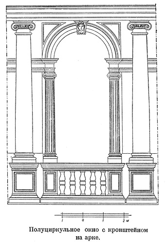 Полуциркульное окно с кронштейном на арке, обработанное ионическим ордером